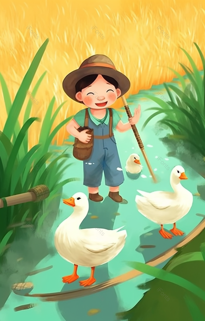 可爱风赶鸭子小孩插画背景,插画/手绘图,插画/手绘图库,插画/手绘图下载,插画/手绘